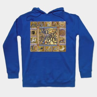 MEDIEVAL BESTIARY,ANTELOP WITH HORNS, FANTASTIC ANIMALS IN GOLD RED BLUE COLORS Hoodie